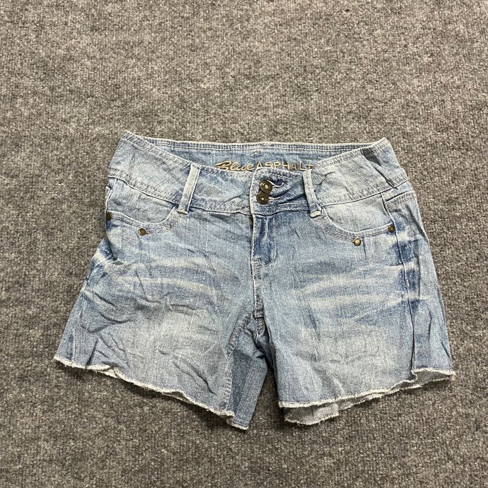 Blue Asphalt Denim Shorts Womens Size 1 Blue Raw Hem Double Button Stretch Y2K
